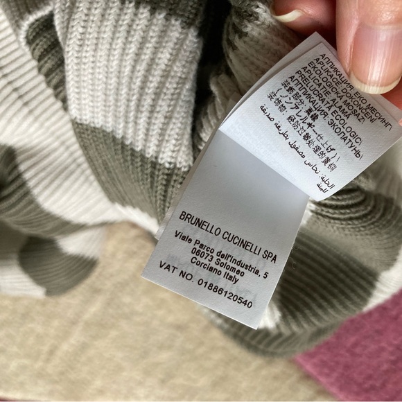 Brunello Cucinelli Olive Green Cream Striped Ribbed Cotton Sweater Monili XXS - Picture 8 of 9
